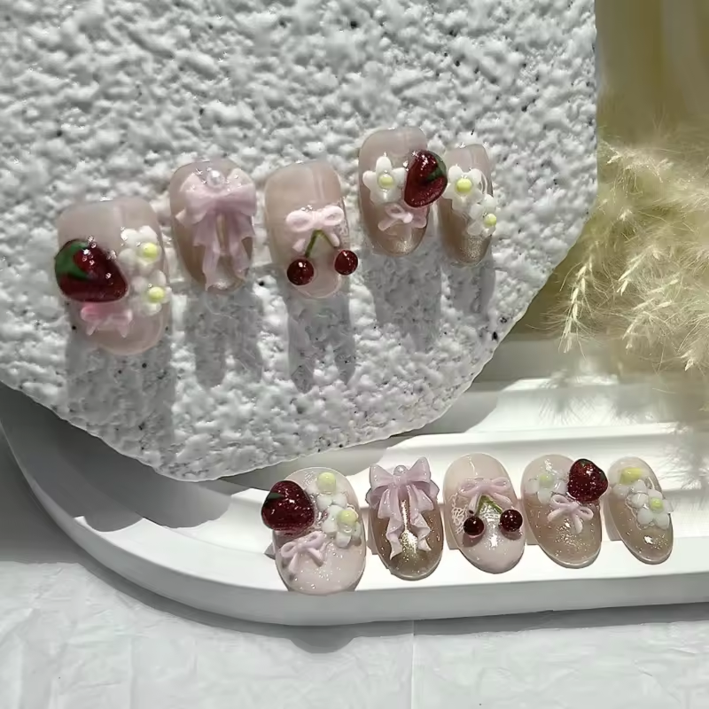10PCS Summer 3D Press-On Nails – Cute Bow, Cherry & Strawberry Design, Reusable