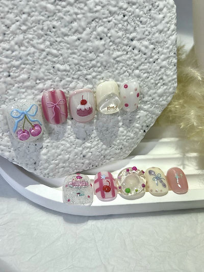 10PCS Summer Press-On Nails – Sweet Ice Cream & Donut Design, Clear Jelly, Removable