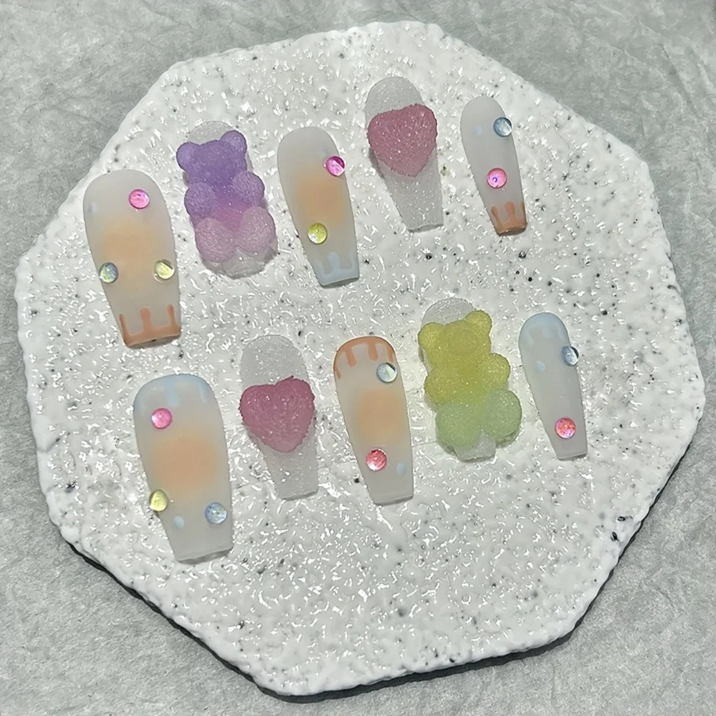 10pcs Sweet Heart & Gummy Bear Press-On Nails – Reusable Manicure