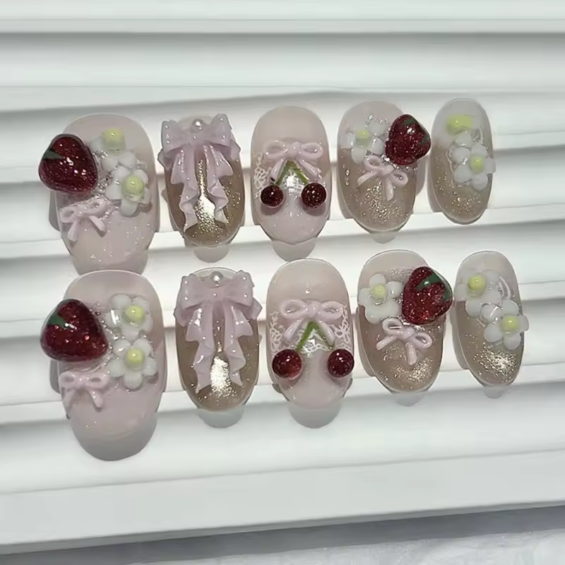 10PCS Summer 3D Press-On Nails – Cute Bow, Cherry & Strawberry Design, Reusable