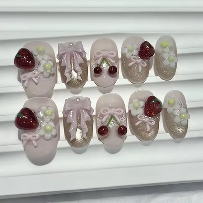 10PCS Summer 3D Press-On Nails – Cute Bow, Cherry & Strawberry Design, Reusable