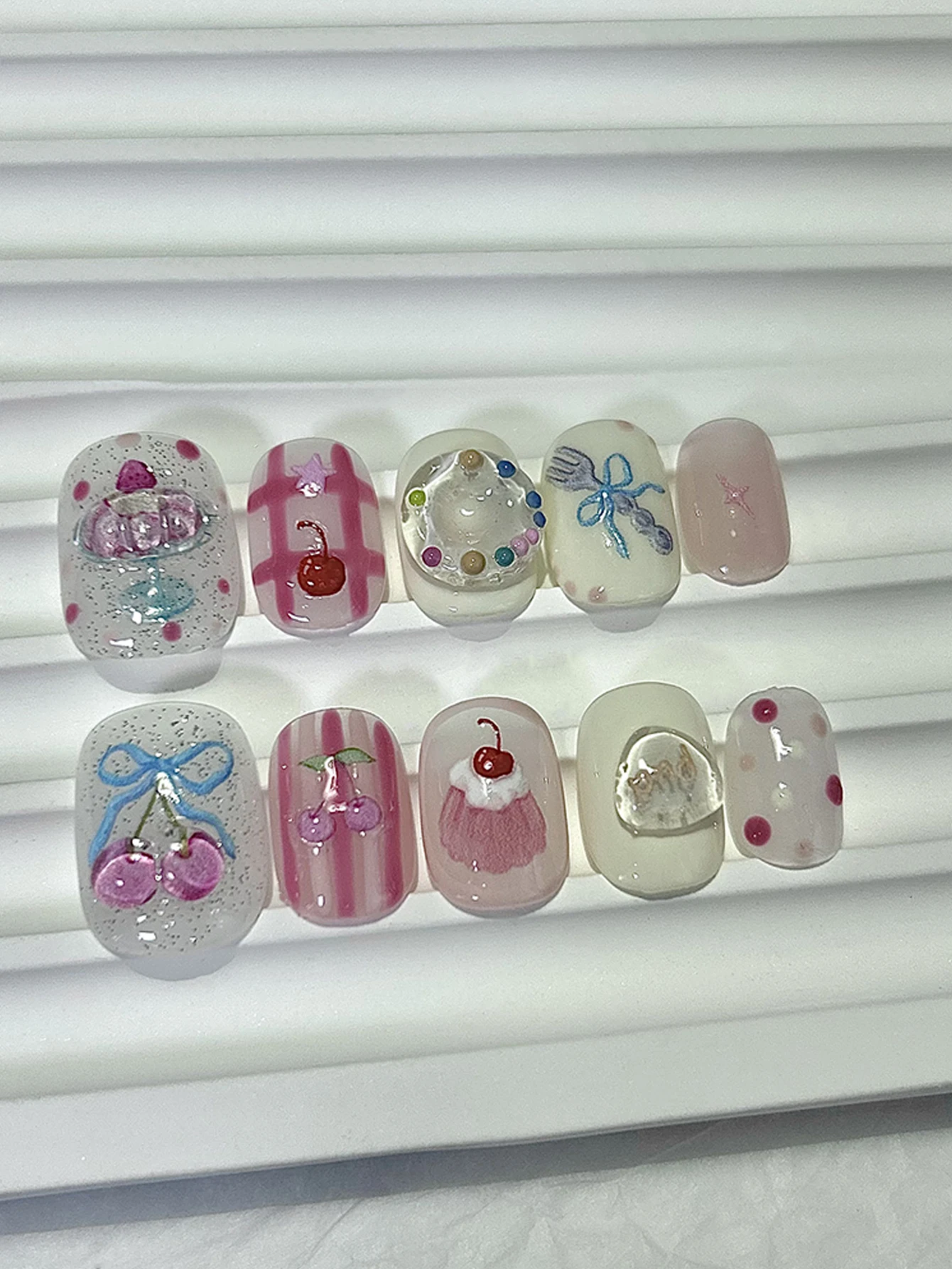 10PCS Summer Press-On Nails – Sweet Ice Cream & Donut Design, Clear Jelly, Removable