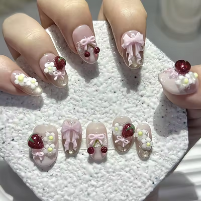 10PCS Summer 3D Press-On Nails – Cute Bow, Cherry & Strawberry Design, Reusable