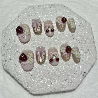 10PCS Summer 3D Press-On Nails – Cute Bow, Cherry & Strawberry Design, Reusable