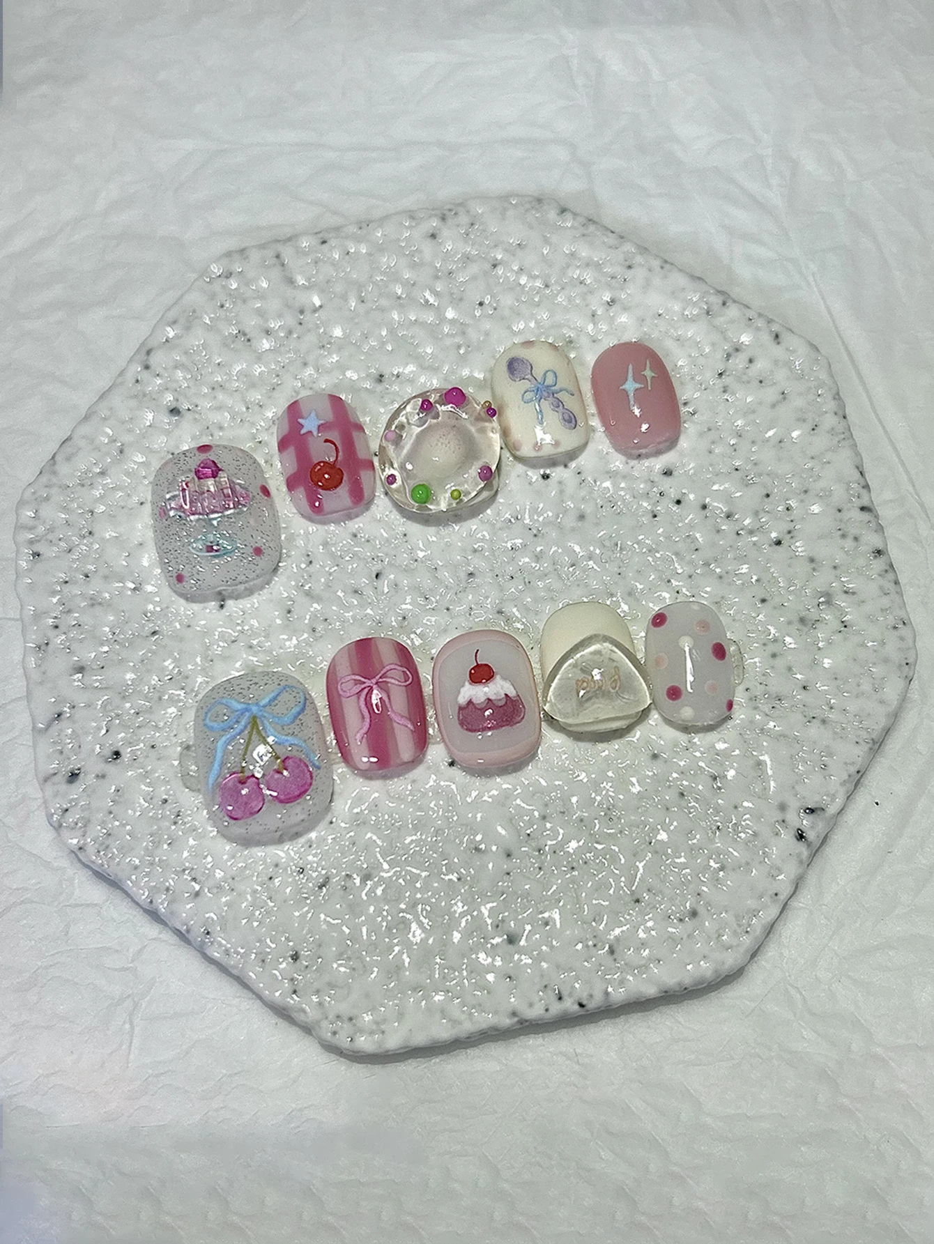 10PCS Summer Press-On Nails – Sweet Ice Cream & Donut Design, Clear Jelly, Removable
