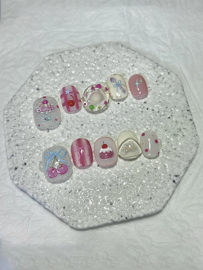 10PCS Summer Press-On Nails – Sweet Ice Cream & Donut Design, Clear Jelly, Removable