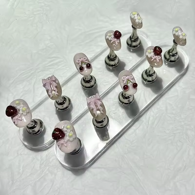10PCS Summer 3D Press-On Nails – Cute Bow, Cherry & Strawberry Design, Reusable