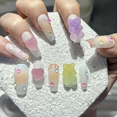 10pcs Sweet Heart & Gummy Bear Press-On Nails – Reusable Manicure