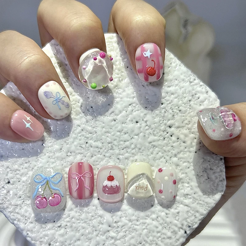 10PCS Summer Press-On Nails – Sweet Ice Cream & Donut Design, Clear Jelly, Removable